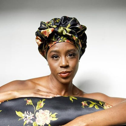 Wild Rose 100% Pure Mulberry Silk Hair Bonnet - Reversible Wonder Loop with Ties for Curly Hair - Handmade in USA Avelisse