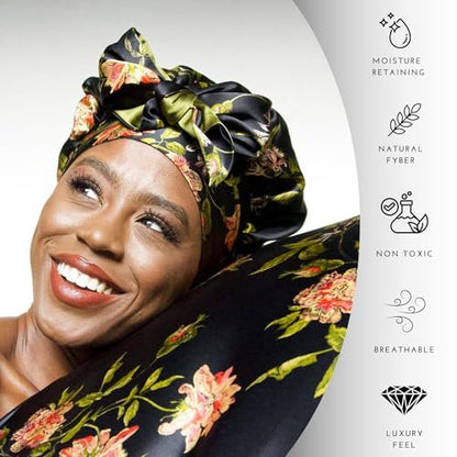 Wild Rose 100% Pure Mulberry Silk Hair Bonnet - Reversible Wonder Loop with Ties for Curly Hair - Handmade in USA Avelisse