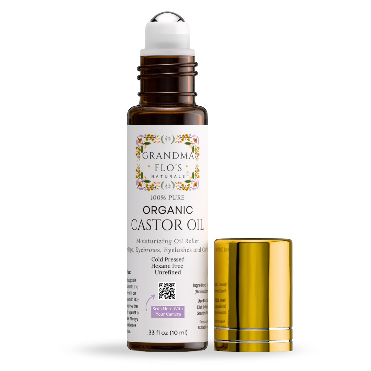 Grandma Flo's Naturals Pure Organic Castor Oil Roll On - Cold Pressed, Hexane Free, Unrefined Glass Bottle for Lips, Eyebrows, Under Eyes, Eyelashes & Cuticles - Travel Size 10ml Avelisse