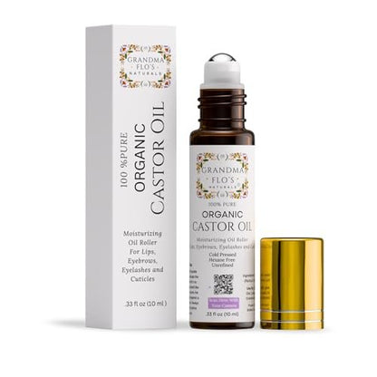 Grandma Flo's Naturals Pure Organic Castor Oil Roll On - Cold Pressed, Hexane Free, Unrefined Glass Bottle for Lips, Eyebrows, Under Eyes, Eyelashes & Cuticles - Travel Size 10ml Avelisse