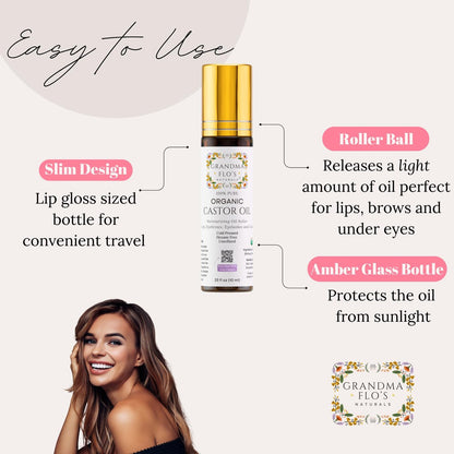 Grandma Flo's Naturals Pure Organic Castor Oil Roll On - Cold Pressed, Hexane Free, Unrefined Glass Bottle for Lips, Eyebrows, Under Eyes, Eyelashes & Cuticles - Travel Size 10ml Avelisse