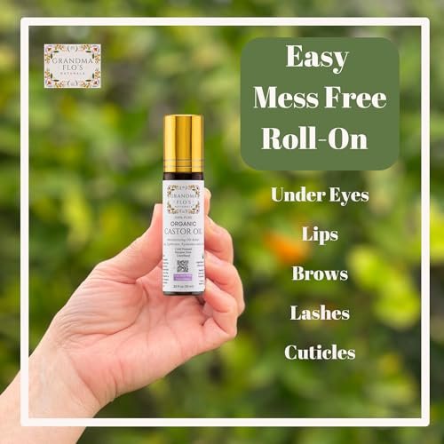 Grandma Flo's Naturals Pure Organic Castor Oil Roll On - Cold Pressed, Hexane Free, Unrefined Glass Bottle for Lips, Eyebrows, Under Eyes, Eyelashes & Cuticles - Travel Size 10ml Avelisse