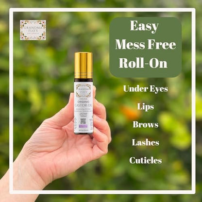 Grandma Flo's Naturals Pure Organic Castor Oil Roll On - Cold Pressed, Hexane Free, Unrefined Glass Bottle for Lips, Eyebrows, Under Eyes, Eyelashes & Cuticles - Travel Size 10ml Avelisse