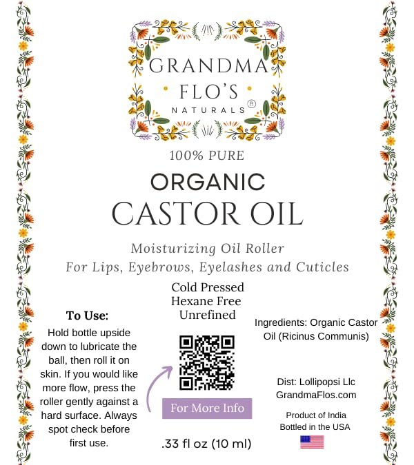 Grandma Flo's Naturals Pure Organic Castor Oil Roll On - Cold Pressed, Hexane Free, Unrefined Glass Bottle for Lips, Eyebrows, Under Eyes, Eyelashes & Cuticles - Travel Size 10ml Avelisse