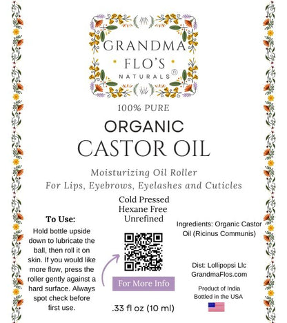 Grandma Flo's Naturals Pure Organic Castor Oil Roll On - Cold Pressed, Hexane Free, Unrefined Glass Bottle for Lips, Eyebrows, Under Eyes, Eyelashes & Cuticles - Travel Size 10ml Avelisse
