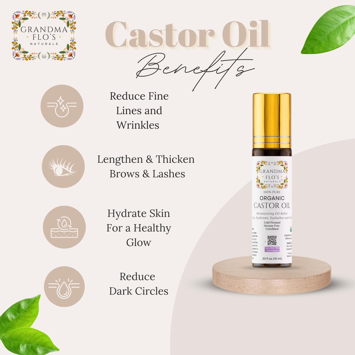 Grandma Flo's Naturals Pure Organic Castor Oil Roll On - Cold Pressed, Hexane Free, Unrefined Glass Bottle for Lips, Eyebrows, Under Eyes, Eyelashes & Cuticles - Travel Size 10ml Avelisse