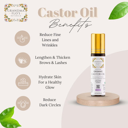 Grandma Flo's Naturals Pure Organic Castor Oil Roll On - Cold Pressed, Hexane Free, Unrefined Glass Bottle for Lips, Eyebrows, Under Eyes, Eyelashes & Cuticles - Travel Size 10ml Avelisse