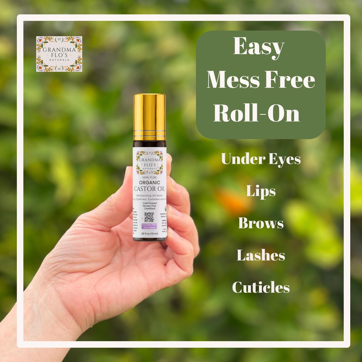 Grandma Flo's Naturals Pure Organic Castor Oil Roll On - Cold Pressed, Hexane Free, Unrefined Glass Bottle for Lips, Eyebrows, Under Eyes, Eyelashes & Cuticles - Travel Size 10ml Avelisse