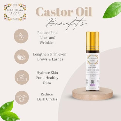Grandma Flo's Naturals Pure Organic Castor Oil Roll On - Cold Pressed, Hexane Free, Unrefined Glass Bottle for Lips, Eyebrows, Under Eyes, Eyelashes & Cuticles - Travel Size 10ml Avelisse