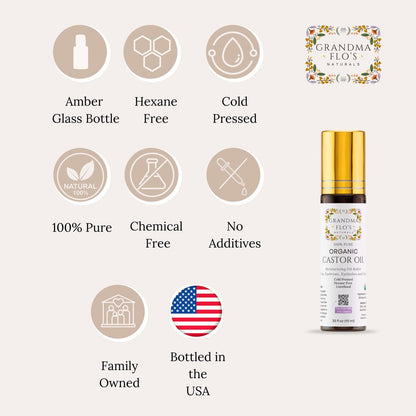 Grandma Flo's Naturals Pure Organic Castor Oil Roll On - Cold Pressed, Hexane Free, Unrefined Glass Bottle for Lips, Eyebrows, Under Eyes, Eyelashes & Cuticles - Travel Size 10ml Avelisse
