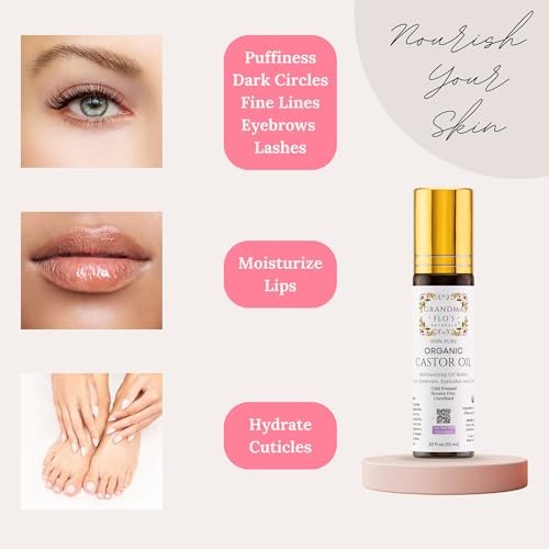Grandma Flo's Naturals Pure Organic Castor Oil Roll On - Cold Pressed, Hexane Free, Unrefined Glass Bottle for Lips, Eyebrows, Under Eyes, Eyelashes & Cuticles - Travel Size 10ml Avelisse