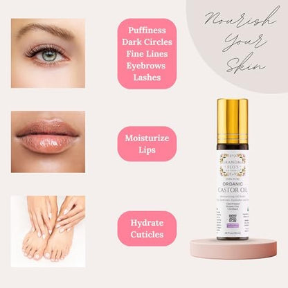 Grandma Flo's Naturals Pure Organic Castor Oil Roll On - Cold Pressed, Hexane Free, Unrefined Glass Bottle for Lips, Eyebrows, Under Eyes, Eyelashes & Cuticles - Travel Size 10ml Avelisse