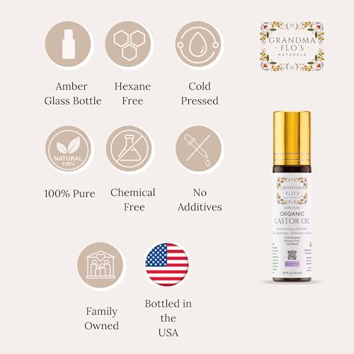 Grandma Flo's Naturals Pure Organic Castor Oil Roll On - Cold Pressed, Hexane Free, Unrefined Glass Bottle for Lips, Eyebrows, Under Eyes, Eyelashes & Cuticles - Travel Size 10ml Avelisse