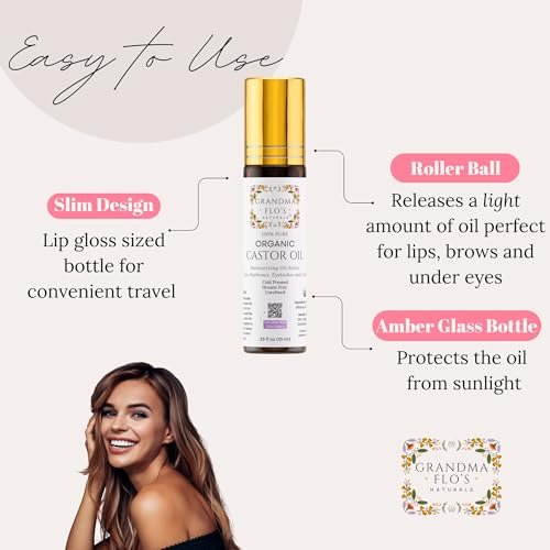 Grandma Flo's Naturals Pure Organic Castor Oil Roll On - Cold Pressed, Hexane Free, Unrefined Glass Bottle for Lips, Eyebrows, Under Eyes, Eyelashes & Cuticles - Travel Size 10ml Avelisse