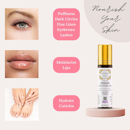 Grandma Flo's Naturals Pure Organic Castor Oil Roll On - Cold Pressed, Hexane Free, Unrefined Glass Bottle for Lips, Eyebrows, Under Eyes, Eyelashes & Cuticles - Travel Size 10ml Avelisse