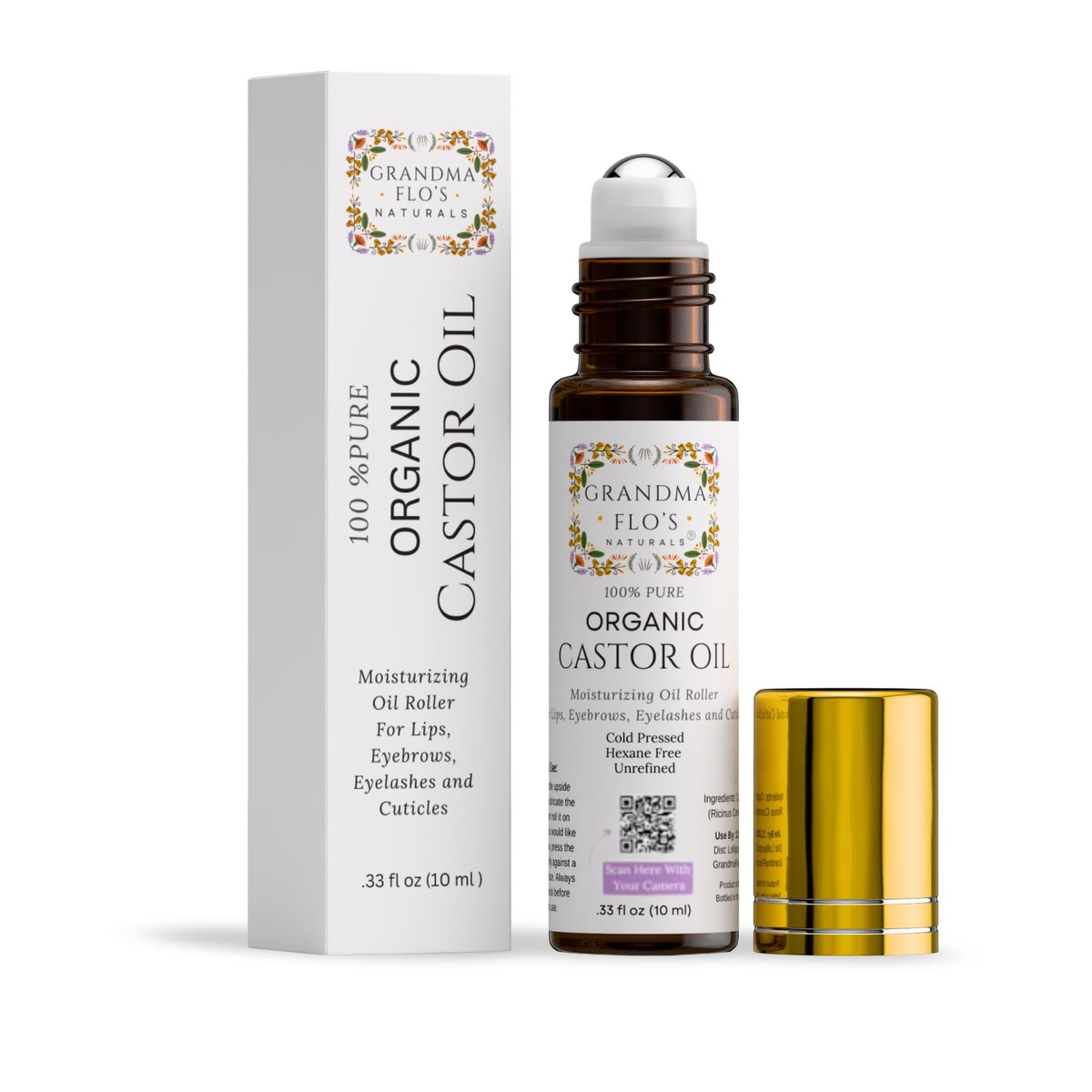 Grandma Flo's Naturals Pure Organic Castor Oil Roll On - Cold Pressed, Hexane Free, Unrefined Glass Bottle for Lips, Eyebrows, Under Eyes, Eyelashes & Cuticles - Travel Size 10ml Avelisse