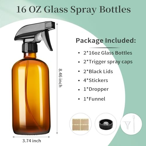 GIVAMEIHF 16oz Amber Glass Spray Bottles, 2 Pack Refillable Empty Bottles with Adjustable Nozzle for Essential Oils, Cleaning, Pets, Hair Mister - görsel 3