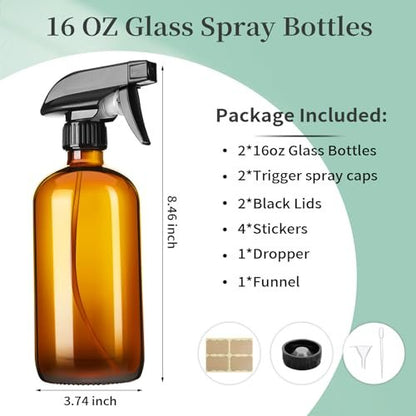 GIVAMEIHF 16oz Amber Glass Spray Bottles, 2 Pack Refillable Empty Bottles with Adjustable Nozzle for Essential Oils, Cleaning, Pets, Hair Mister