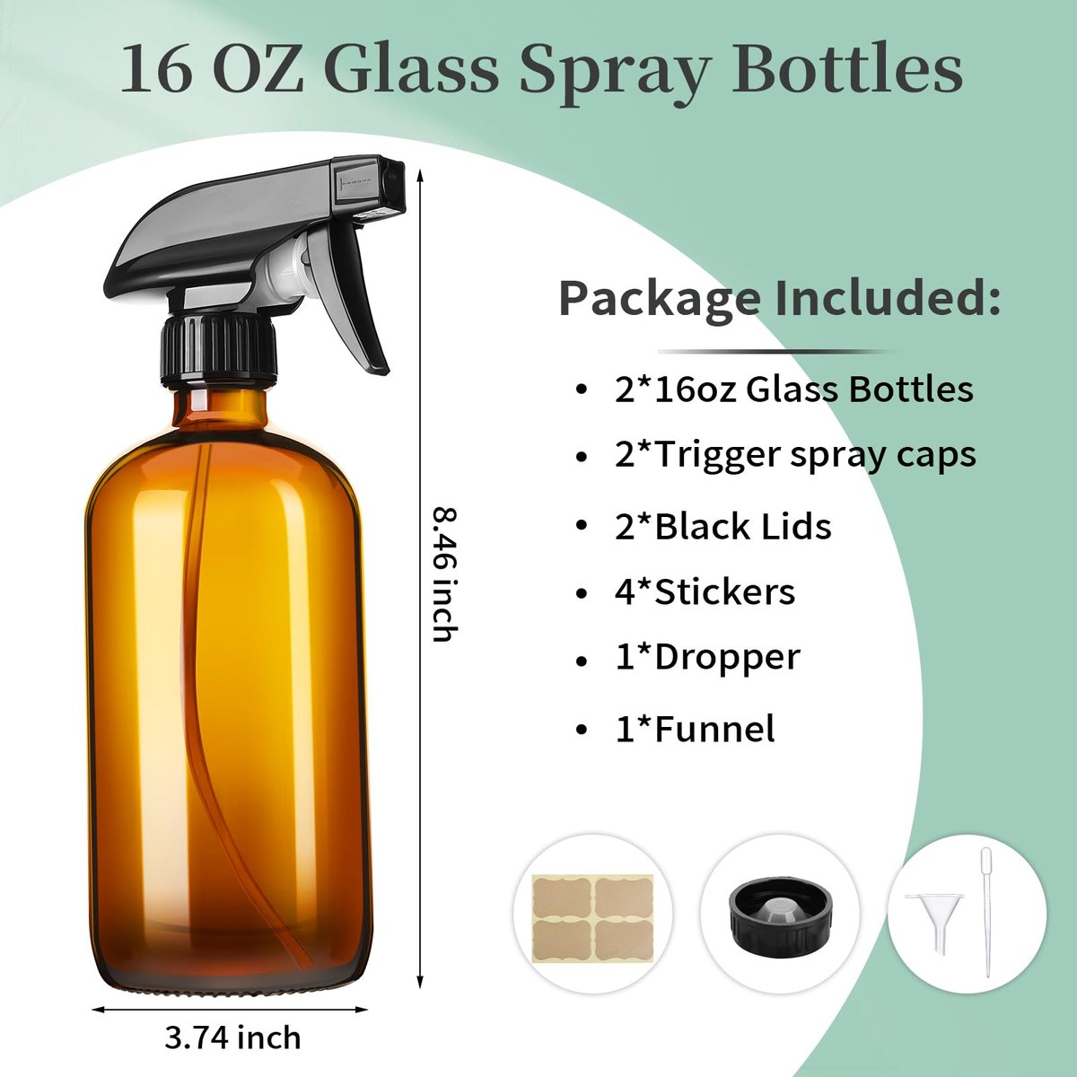 GIVAMEIHF 16oz Amber Glass Spray Bottles, 2 Pack Refillable Empty Bottles with Adjustable Nozzle for Essential Oils, Cleaning, Pets, Hair Mister - görsel 4