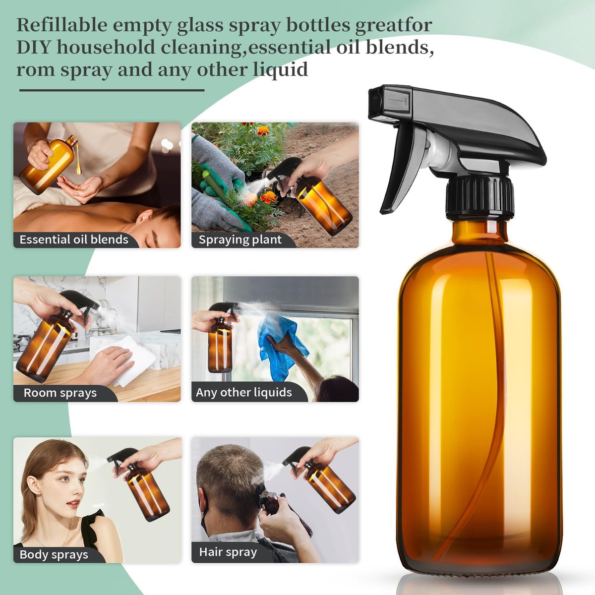 GIVAMEIHF 16oz Amber Glass Spray Bottles, 2 Pack Refillable Empty Bottles with Adjustable Nozzle for Essential Oils, Cleaning, Pets, Hair Mister - görsel 6
