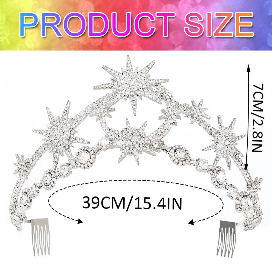 GORTIN Star Moon Crown Silver Bride Wedding Headband Rhinestone Tiara Goddess Headpiece Bridal Hair Accessories for Women - görsel 5