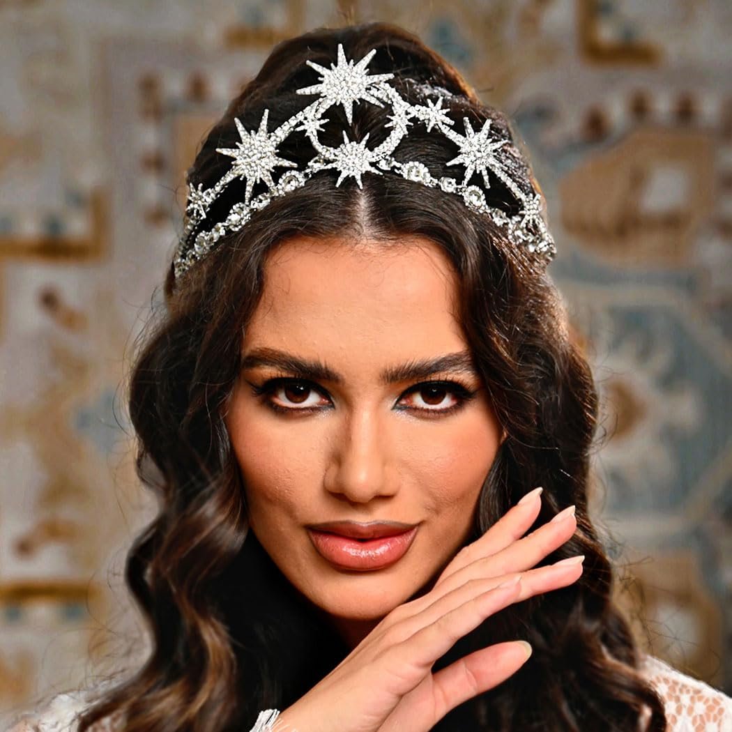 GORTIN Star Moon Crown Silver Bride Wedding Headband Rhinestone Tiara Goddess Headpiece Bridal Hair Accessories for Women - görsel 7