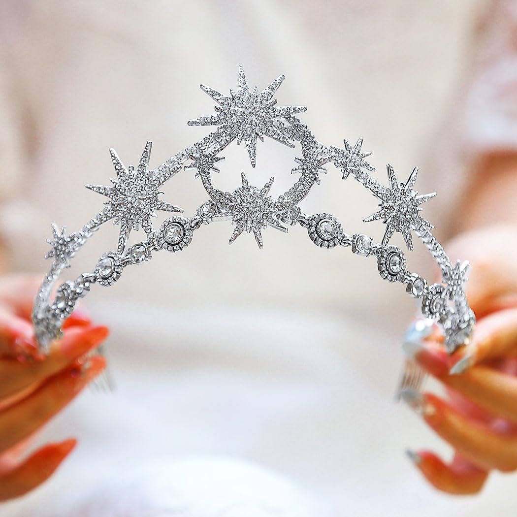 GORTIN Star Moon Crown Silver Bride Wedding Headband Rhinestone Tiara Goddess Headpiece Bridal Hair Accessories for Women - görsel 9