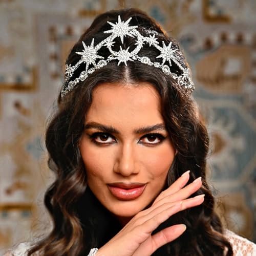 GORTIN Star Moon Crown Silver Bride Wedding Headband Rhinestone Tiara Goddess Headpiece Bridal Hair Accessories for Women - görsel 8