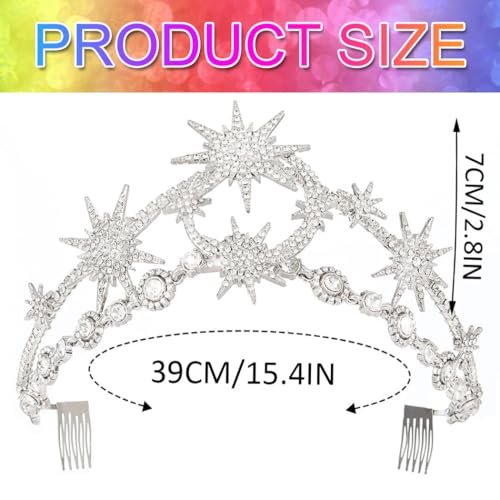 GORTIN Star Moon Crown Silver Bride Wedding Headband Rhinestone Tiara Goddess Headpiece Bridal Hair Accessories for Women - görsel 6