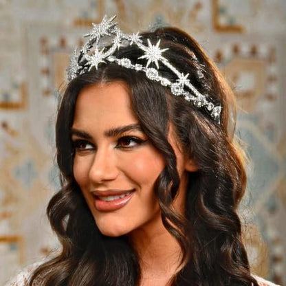 GORTIN Star Moon Crown Silver Bride Wedding Headband Rhinestone Tiara Goddess Headpiece Bridal Hair Accessories for Women