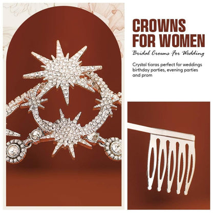 GORTIN Star Moon Crown Silver Bride Wedding Headband Rhinestone Tiara Goddess Headpiece Bridal Hair Accessories for Women