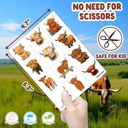 96-Piece Highland Cow Print Pre-Cut Temporary Tattoos – Themed Birthday Party Decorations, Favors, and Gifts for Kids, Boys, Girls, Classroom Prizes