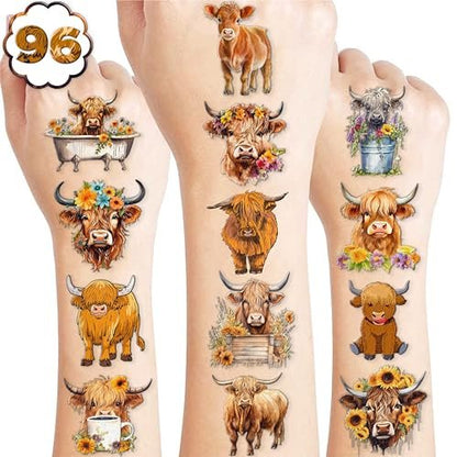 96-Piece Highland Cow Print Pre-Cut Temporary Tattoos – Themed Birthday Party Decorations, Favors, and Gifts for Kids, Boys, Girls, Classroom Prizes