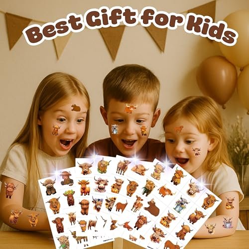 96-Piece Highland Cow Print Pre-Cut Temporary Tattoos – Themed Birthday Party Decorations, Favors, and Gifts for Kids, Boys, Girls, Classroom Prizes - görsel 5