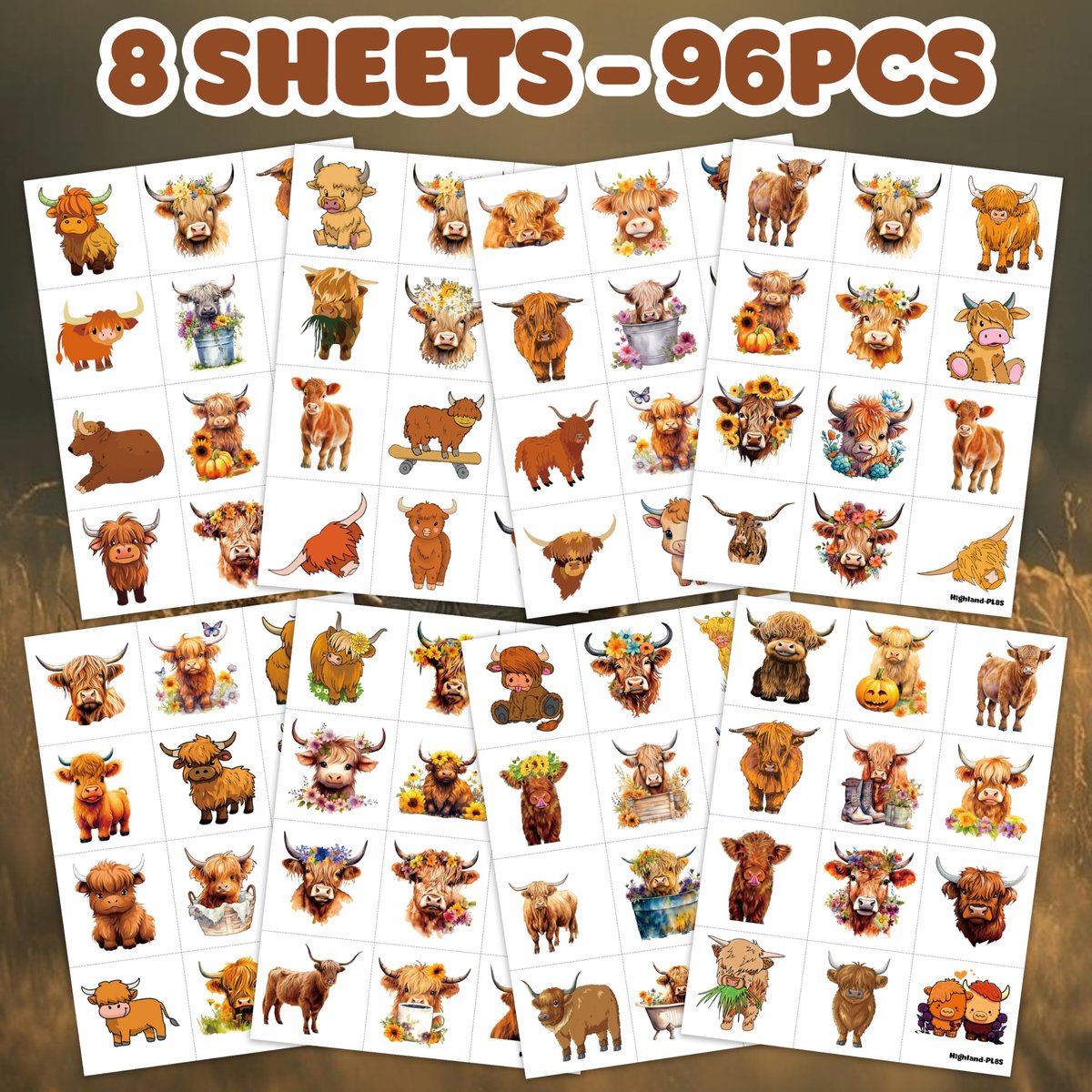 96-Piece Highland Cow Print Pre-Cut Temporary Tattoos – Themed Birthday Party Decorations, Favors, and Gifts for Kids, Boys, Girls, Classroom Prizes - görsel 8