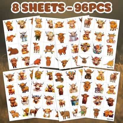 96-Piece Highland Cow Print Pre-Cut Temporary Tattoos – Themed Birthday Party Decorations, Favors, and Gifts for Kids, Boys, Girls, Classroom Prizes
