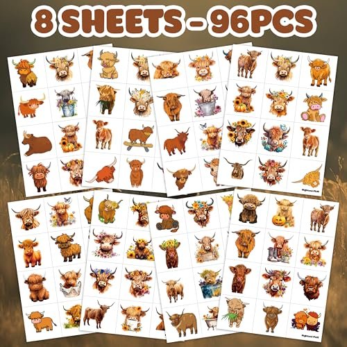 96-Piece Highland Cow Print Pre-Cut Temporary Tattoos – Themed Birthday Party Decorations, Favors, and Gifts for Kids, Boys, Girls, Classroom Prizes - görsel 7