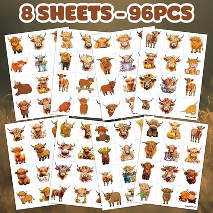 96-Piece Highland Cow Print Pre-Cut Temporary Tattoos – Themed Birthday Party Decorations, Favors, and Gifts for Kids, Boys, Girls, Classroom Prizes