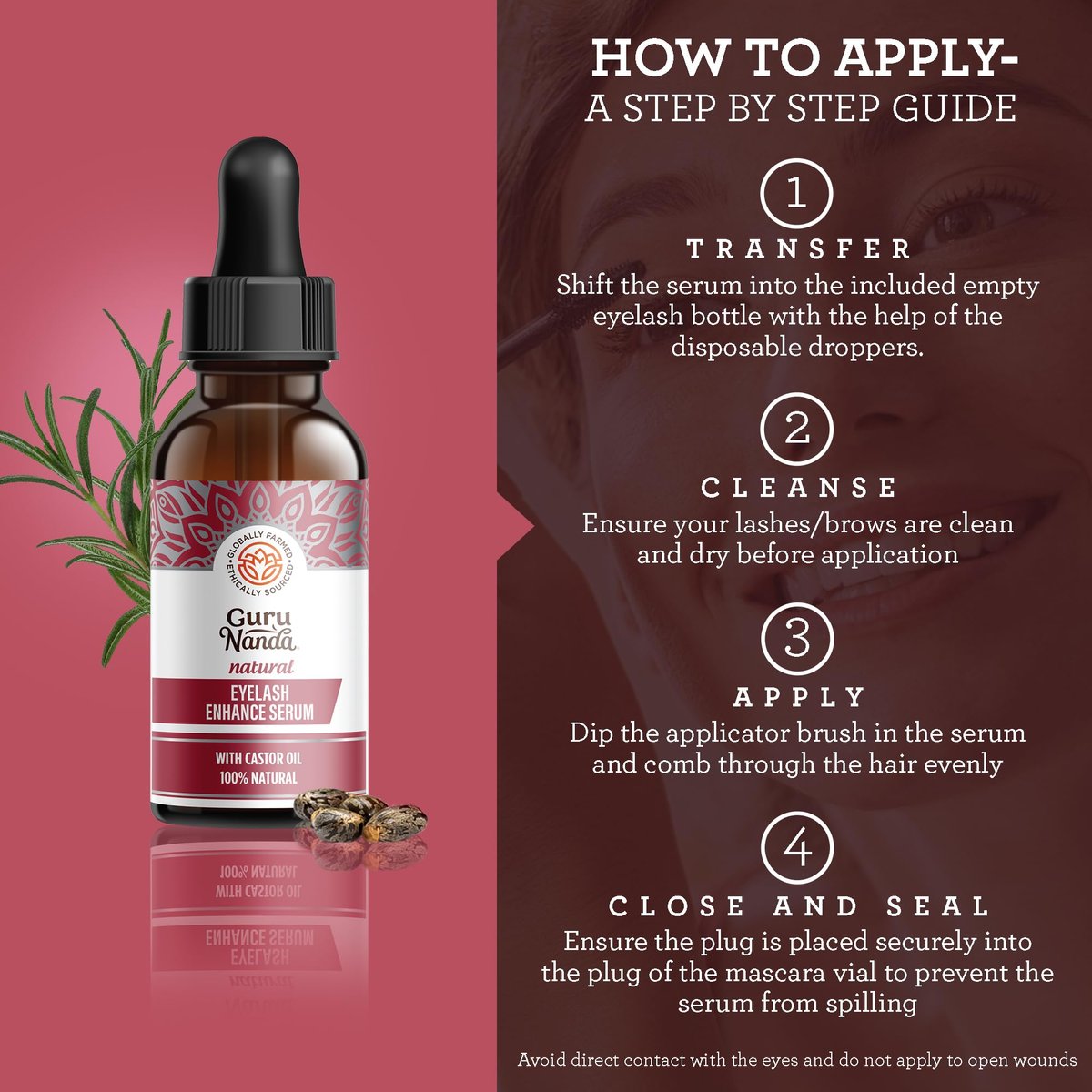 GuruNanda Natural Castor Oil Eyelash Enhance Serum with Rosemary Oil – Brush Applicator & 5 Pipettes, 2 Fl Oz - görsel 7