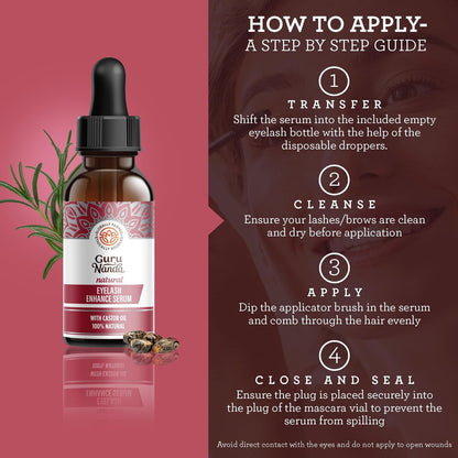 GuruNanda Natural Castor Oil Eyelash Enhance Serum with Rosemary Oil – Brush Applicator & 5 Pipettes, 2 Fl Oz
