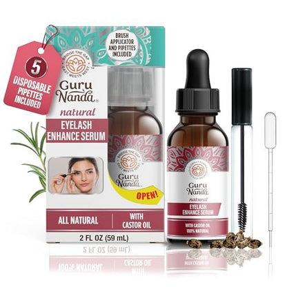 GuruNanda Natural Castor Oil Eyelash Enhance Serum with Rosemary Oil – Brush Applicator & 5 Pipettes, 2 Fl Oz