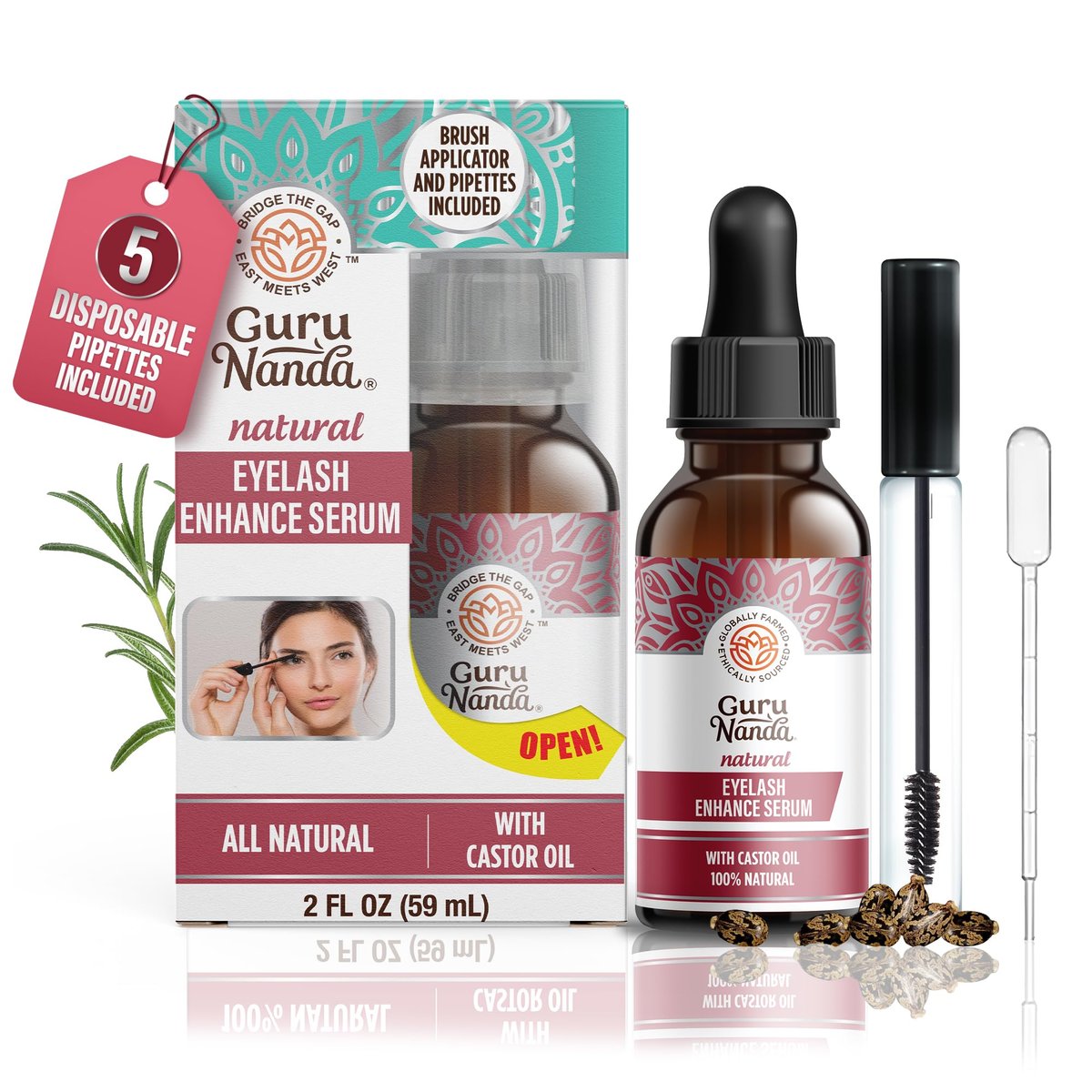 GuruNanda Natural Castor Oil Eyelash Enhance Serum with Rosemary Oil – Brush Applicator & 5 Pipettes, 2 Fl Oz - görsel 1