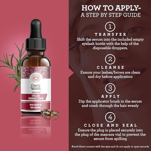 GuruNanda Natural Castor Oil Eyelash Enhance Serum with Rosemary Oil – Brush Applicator & 5 Pipettes, 2 Fl Oz - görsel 8