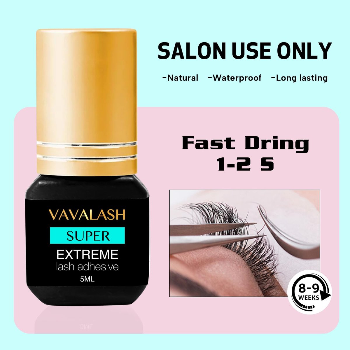 VAVALASH Professional Eyelash Extension Glue – 1 Second Drying, Long Lasting Black Lash Adhesive for Artists (5ml) Avelisse