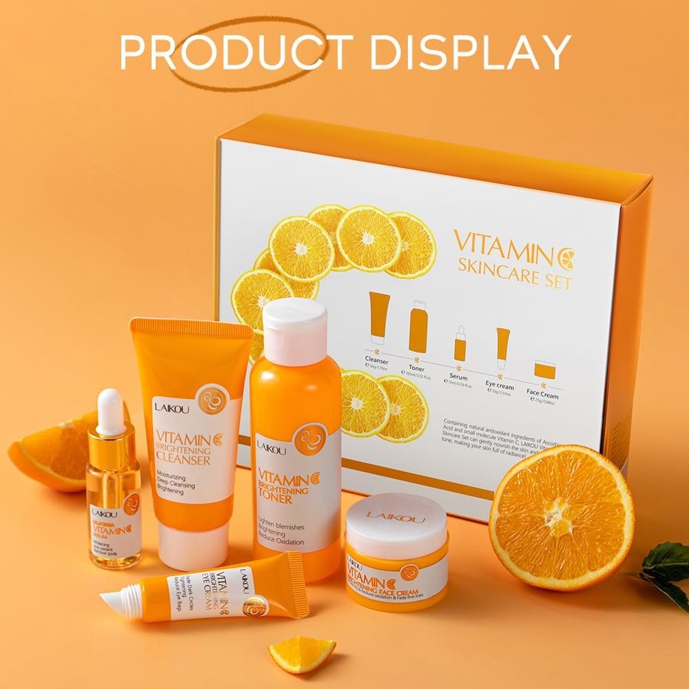 Yasovigi Vitamin C Skincare Set – Moisturizing Face Care Kit with Cleanser, Serum, Cream, Eye Cream & Toner for Hydrating and Anti-Aging Skin Avelisse