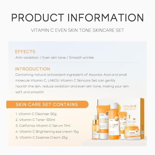 Yasovigi Vitamin C Skincare Set – Moisturizing Face Care Kit with Cleanser, Serum, Cream, Eye Cream & Toner for Hydrating and Anti-Aging Skin Avelisse