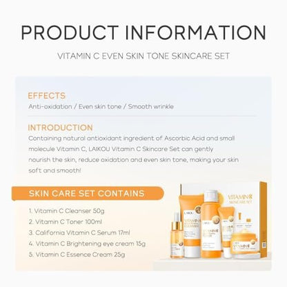 Yasovigi Vitamin C Skincare Set – Moisturizing Face Care Kit with Cleanser, Serum, Cream, Eye Cream & Toner for Hydrating and Anti-Aging Skin Avelisse