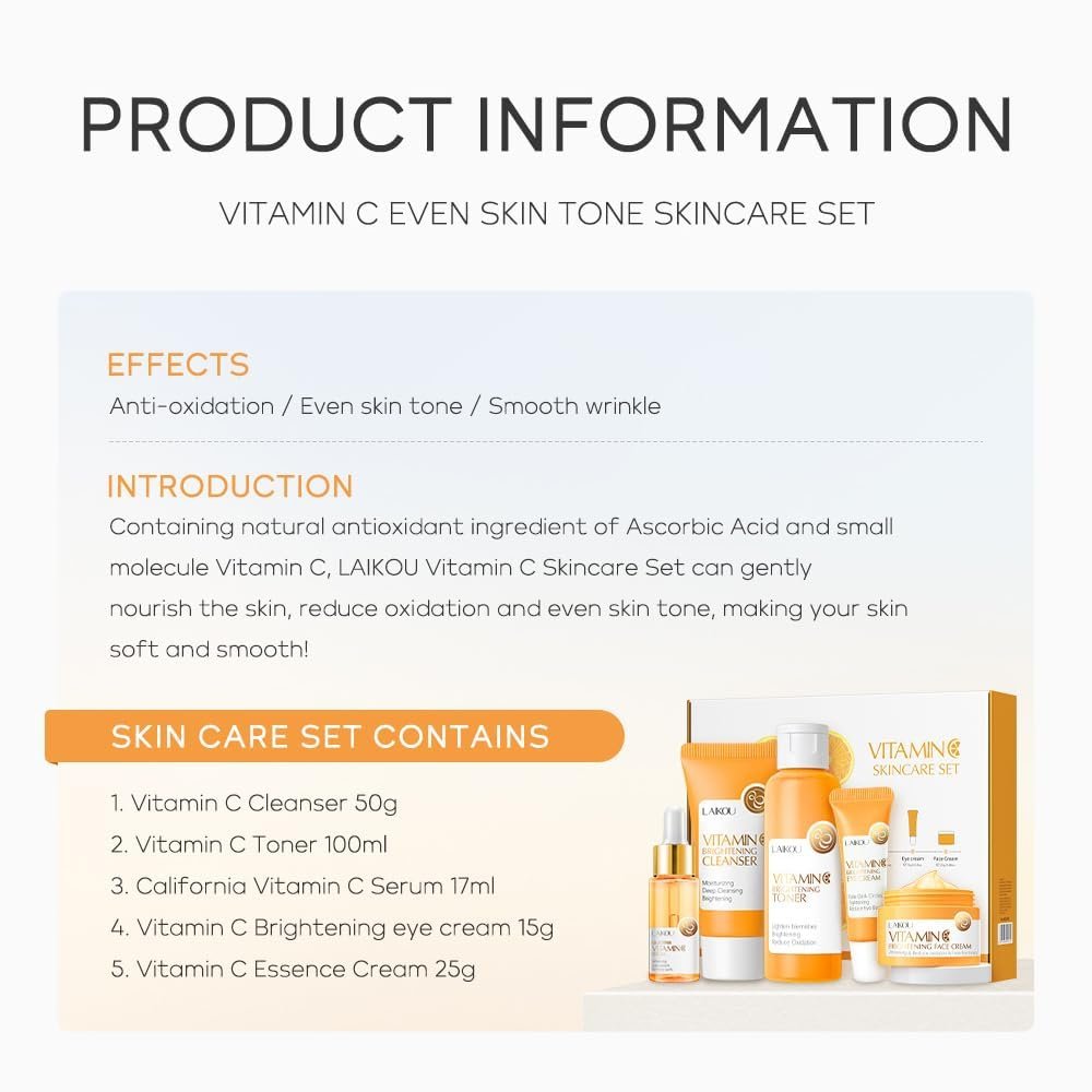 Yasovigi Vitamin C Skincare Set – Moisturizing Face Care Kit with Cleanser, Serum, Cream, Eye Cream & Toner for Hydrating and Anti-Aging Skin Avelisse