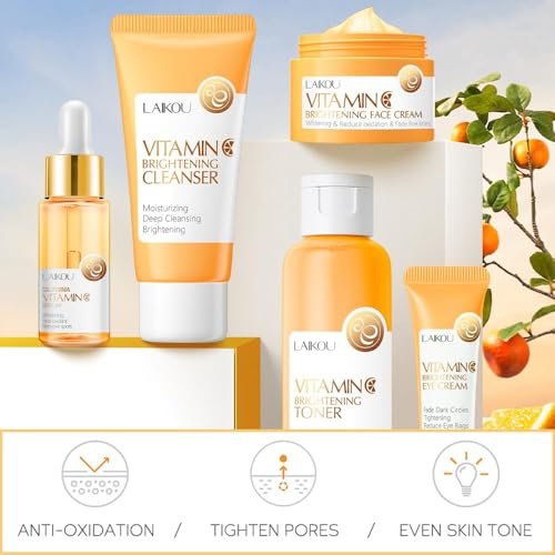 Yasovigi Vitamin C Skincare Set – Moisturizing Face Care Kit with Cleanser, Serum, Cream, Eye Cream & Toner for Hydrating and Anti-Aging Skin Avelisse