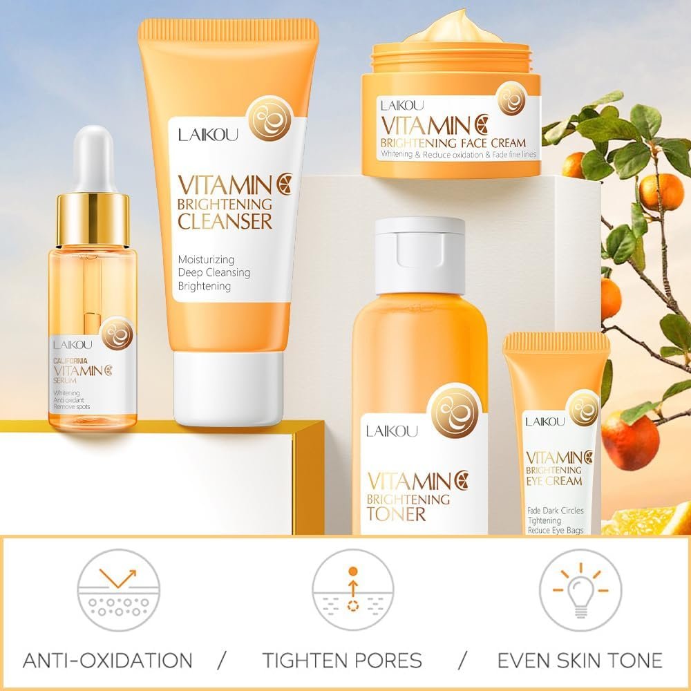 Yasovigi Vitamin C Skincare Set – Moisturizing Face Care Kit with Cleanser, Serum, Cream, Eye Cream & Toner for Hydrating and Anti-Aging Skin Avelisse